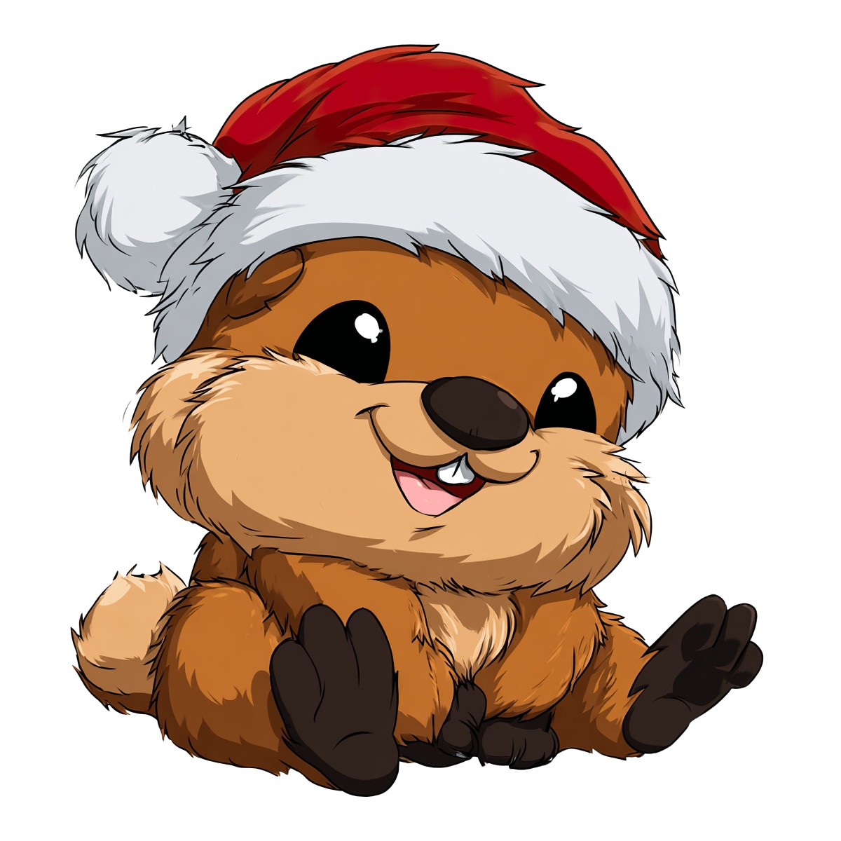 Adorable cartoon beaver wearing a Santa hat, smiling cheerfully.