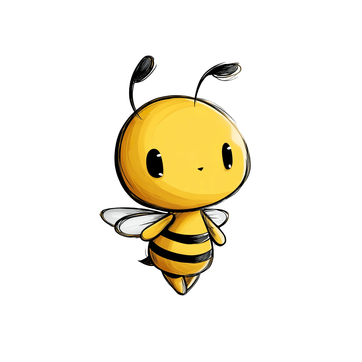 Adorable cartoon bee with yellow and black stripes and large eyes.