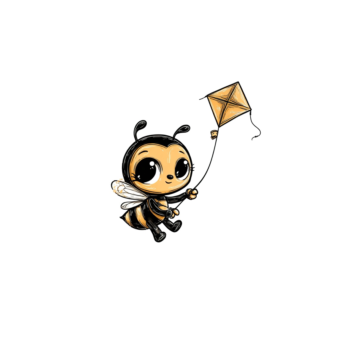 Cute cartoon bee flying a kite, with a black background.