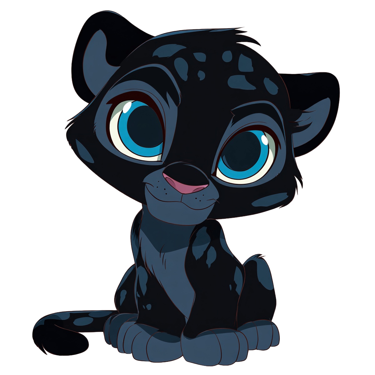 Cartoon black panther cub with big blue eyes, sitting cutely.
