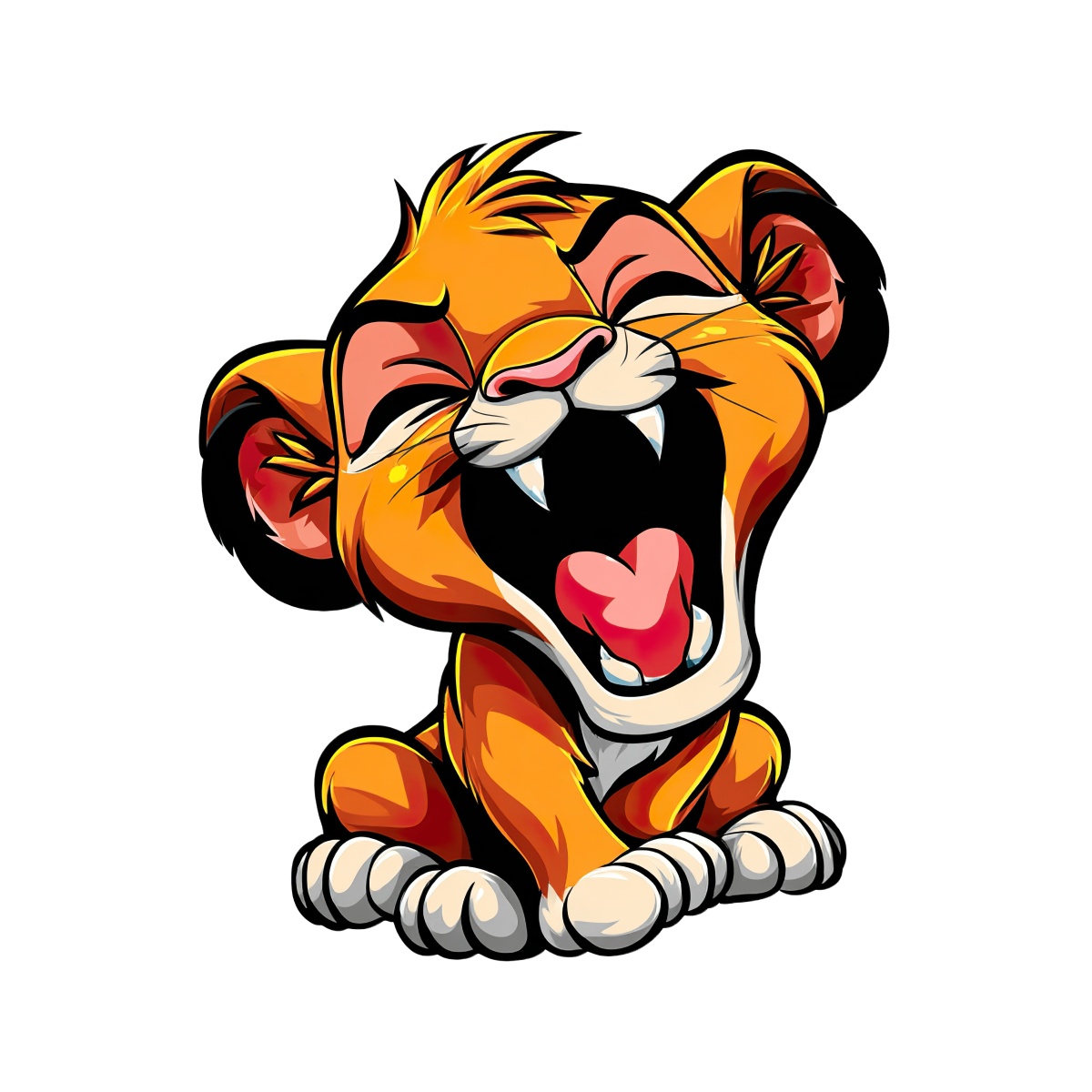 Cartoon lion cub with bright orange fur roaring playfully.