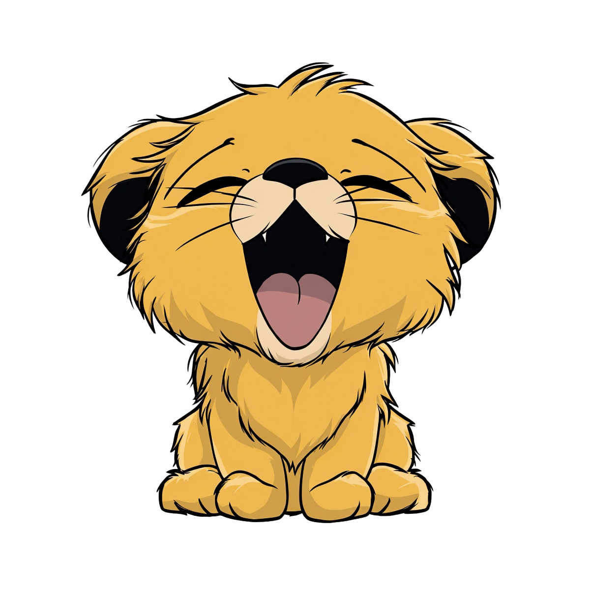 Cartoon lion cub yawning, eyes closed, showing small teeth.