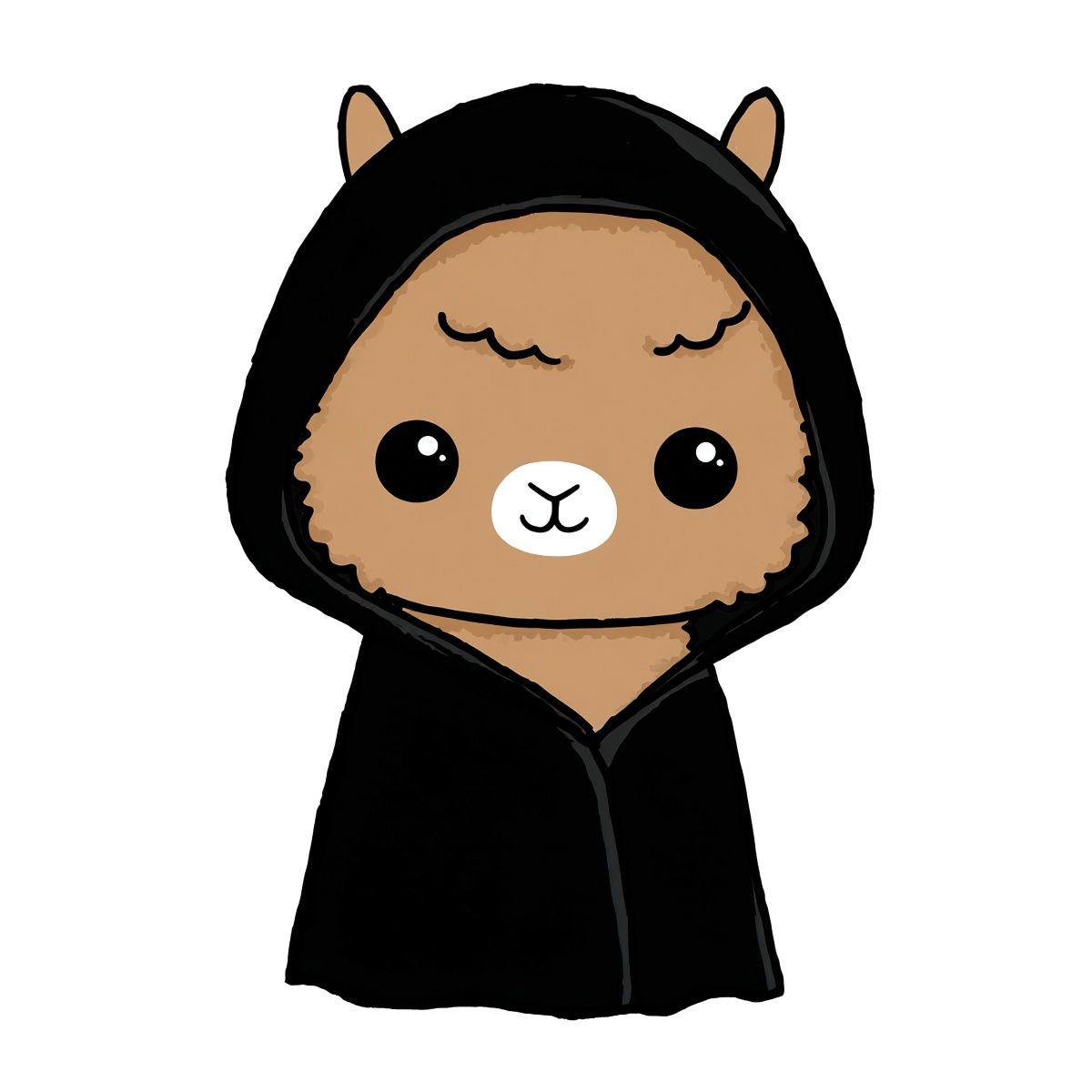 Cute cartoon llama wearing a black hooded cloak, with big eyes.
