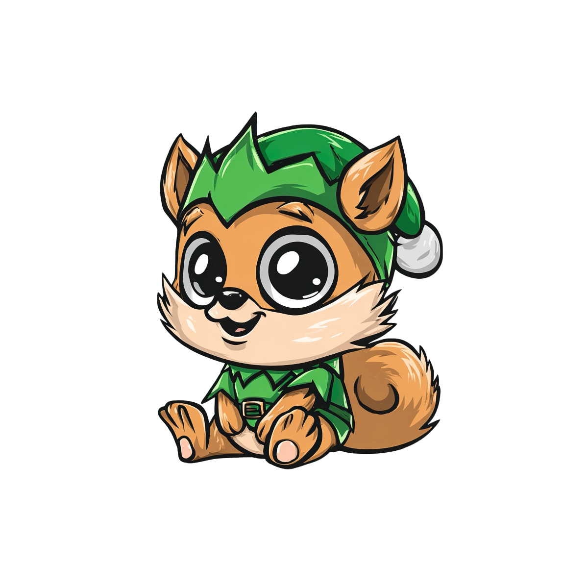 Cartoon squirrel in a green elf outfit with big eyes and fluffy tail.