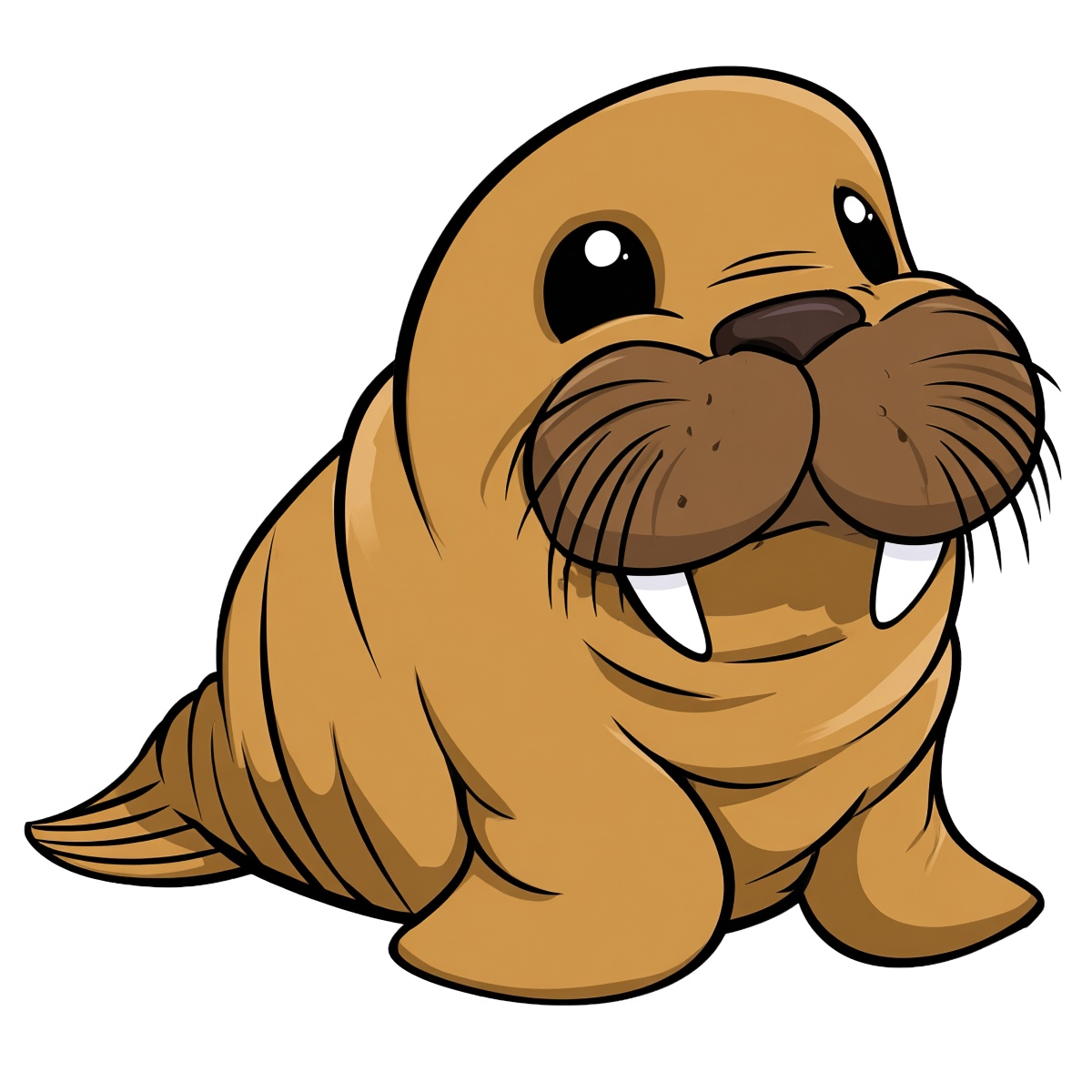 Cartoon walrus with tusks and whiskers, featuring big eyes.