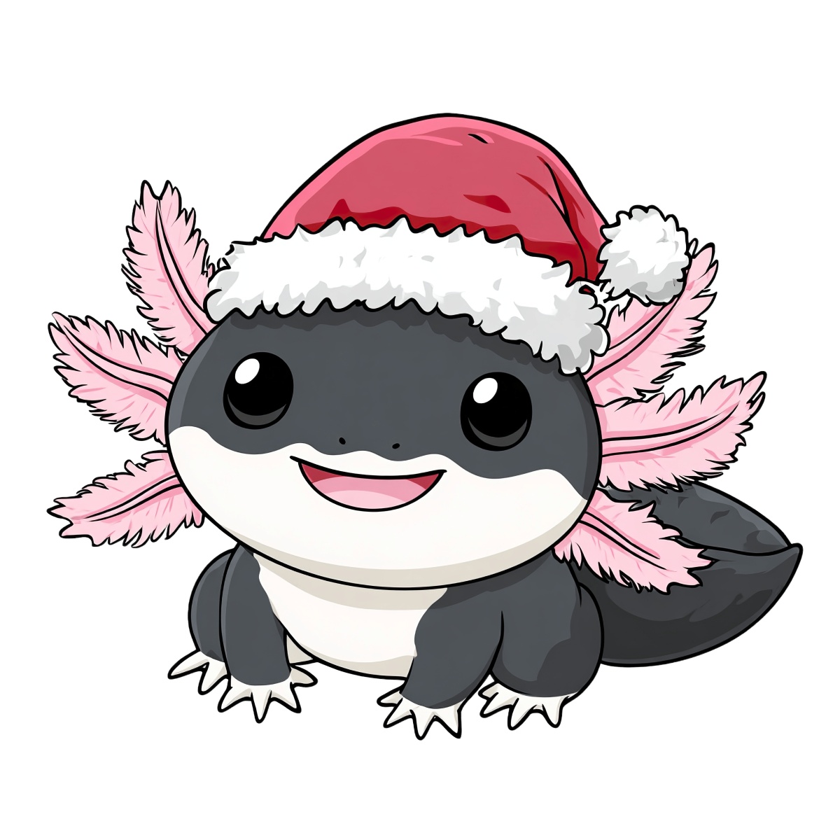Cartoon axolotl with Santa hat and pink gills, looking joyful.
