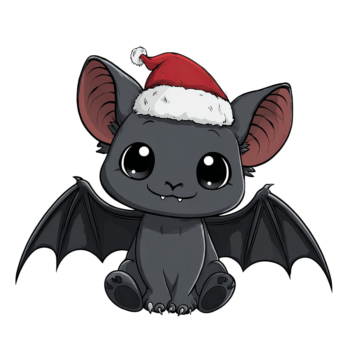 Cute cartoon bat wearing a Santa hat, with large eyes and wings.