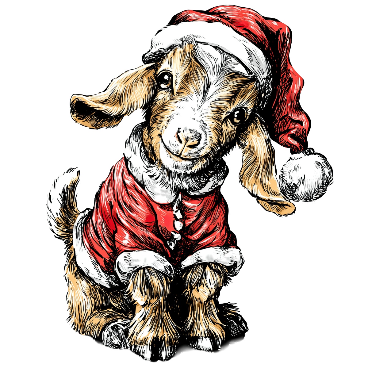 Goat in Santa outfit with red hat, festive illustration.