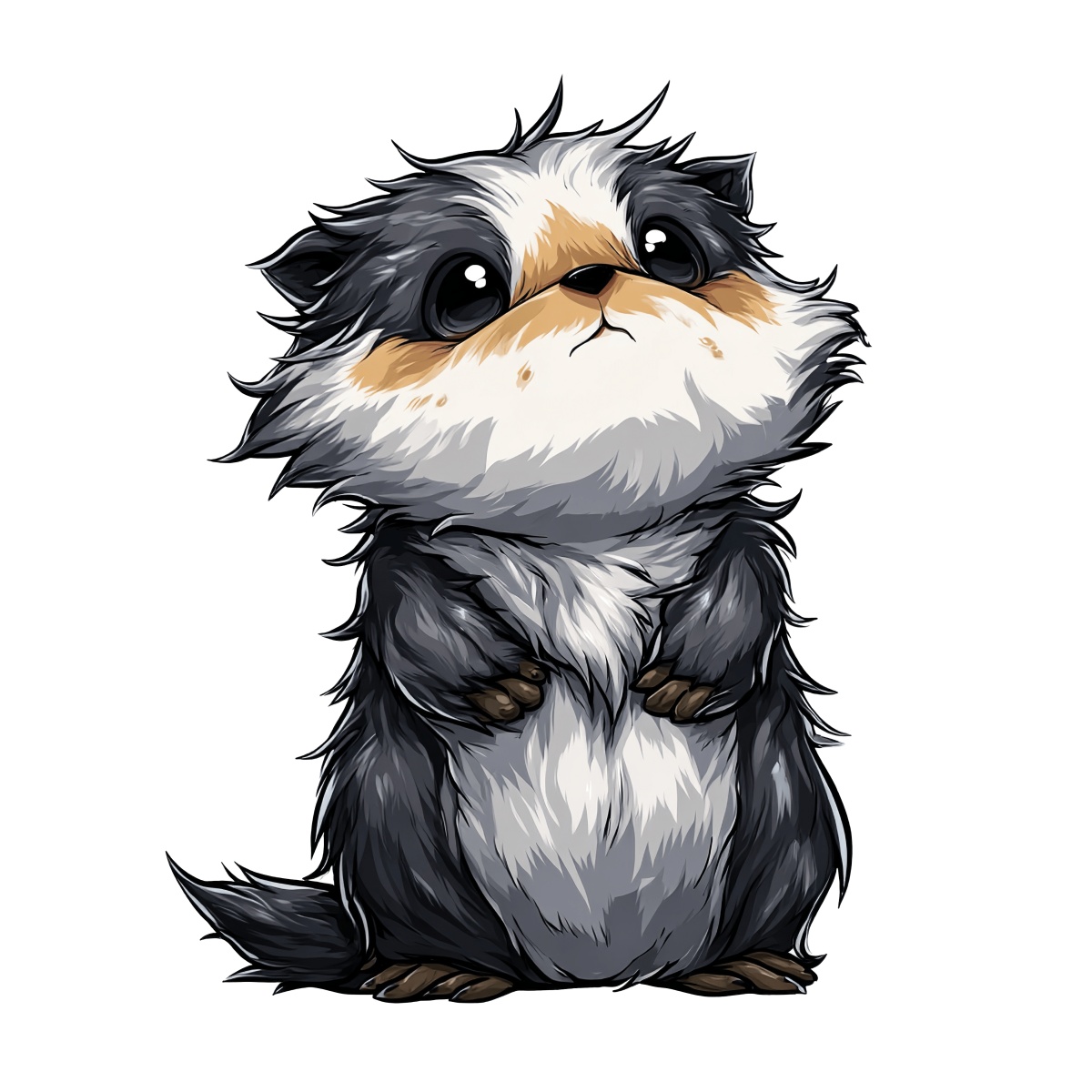 Cute fluffy guinea pig illustration with sad eyes and colorful fur.