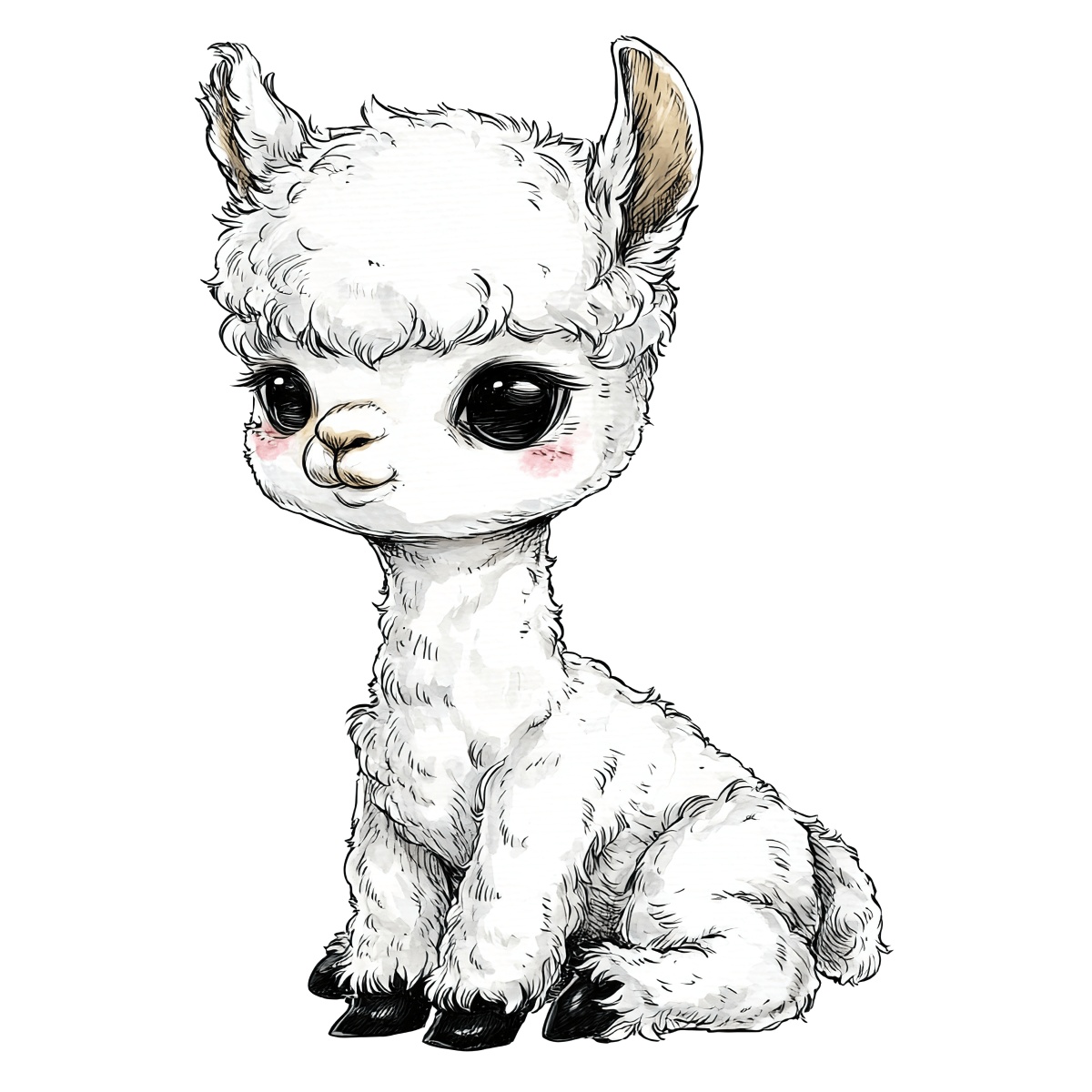 Cute, fluffy white alpaca with big eyes, sitting charmingly.