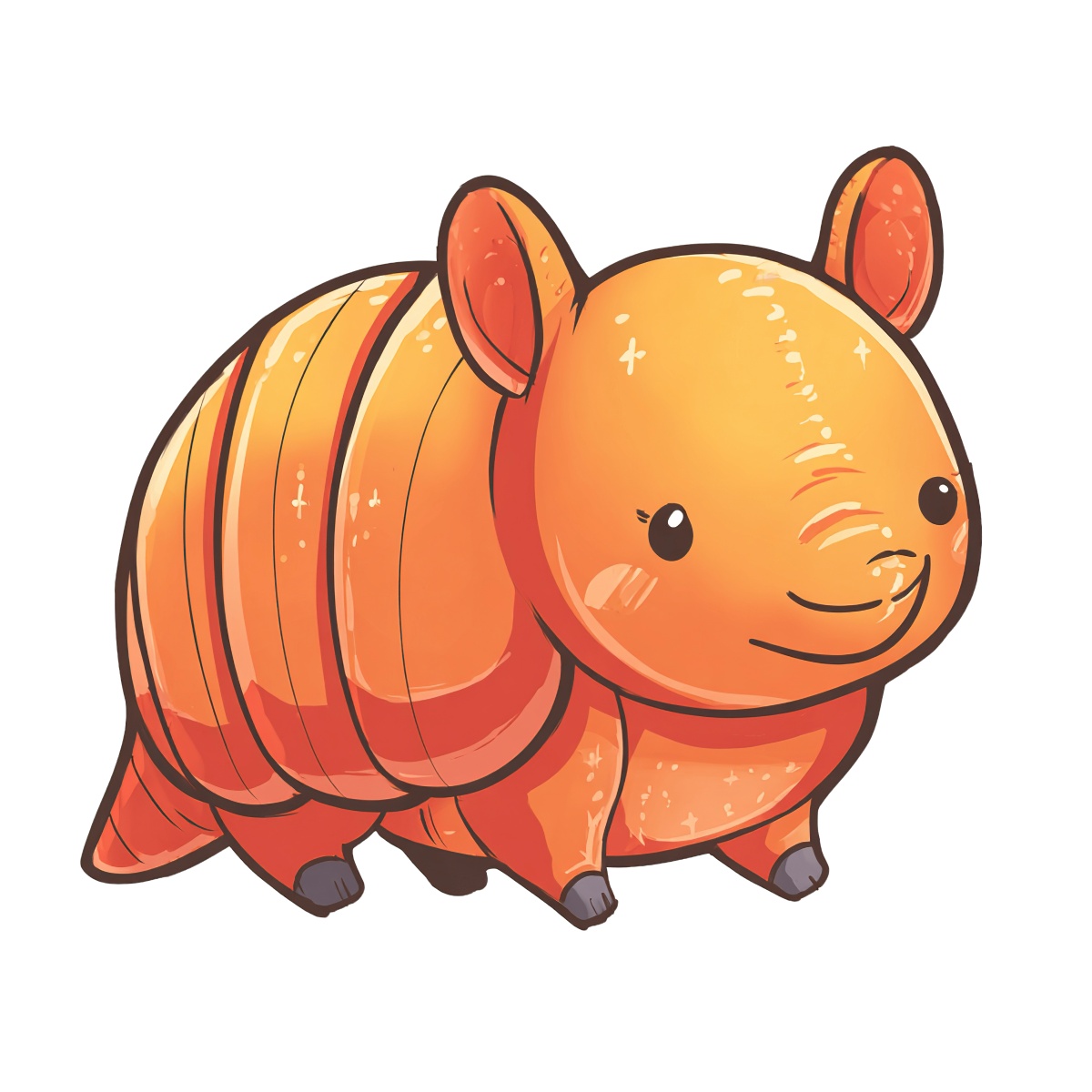 Cute, shiny orange armadillo with a happy expression in cartoon style.