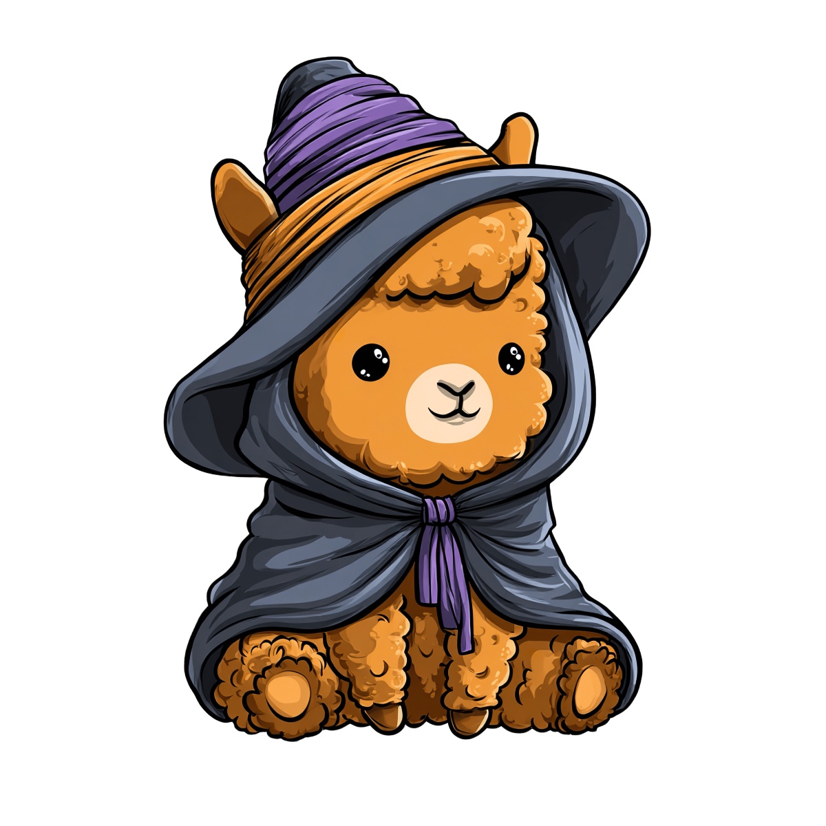 Cute cartoon llama dressed as a wizard in a hat and cloak.