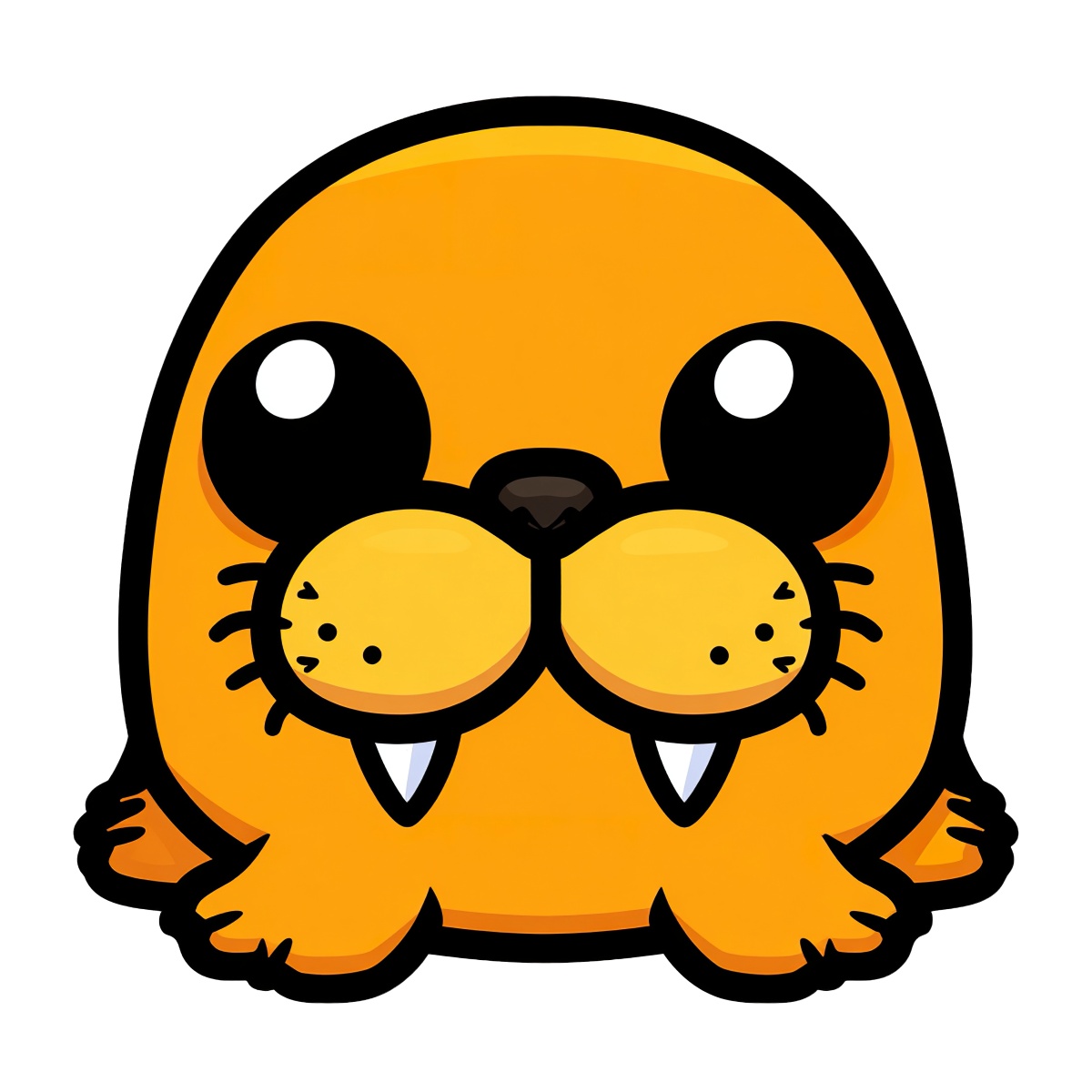 Cartoon walrus with big eyes and tusks in orange, smiling.