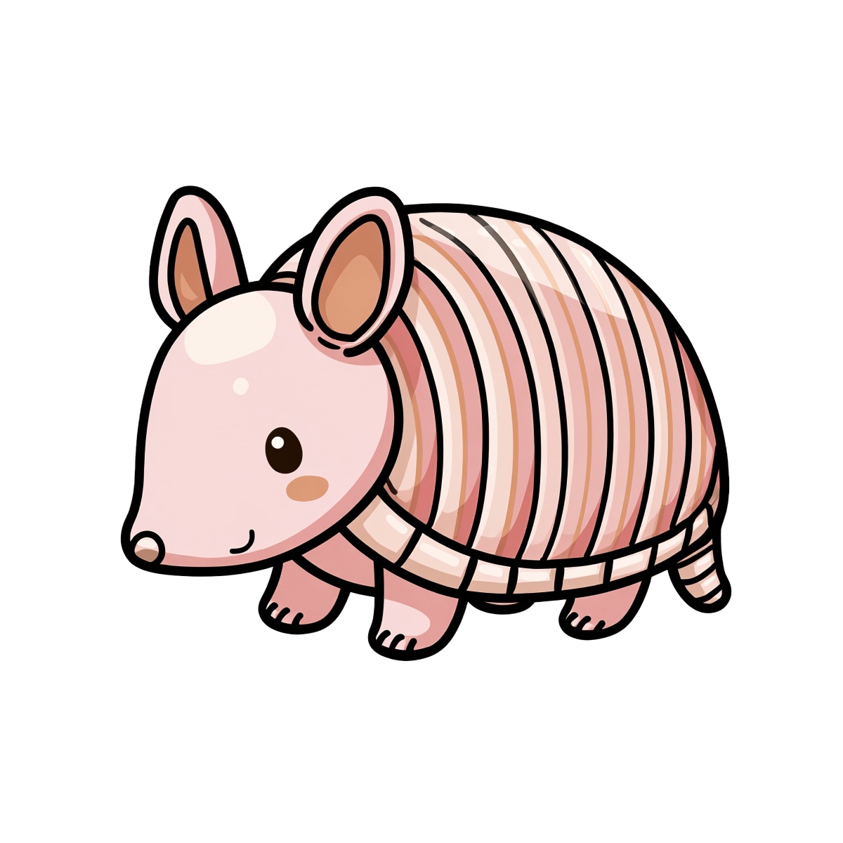 Cute pink armadillo cartoon with segmented shell and large ears.