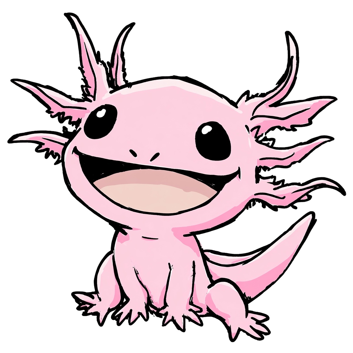 Pink cartoon axolotl with large eyes and frilly gills, smiling.