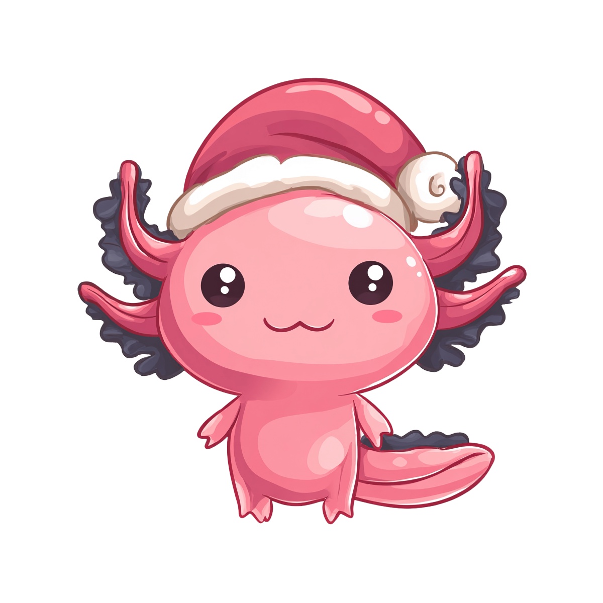 Pink axolotl with Santa hat, cartoon style, festive and cute.