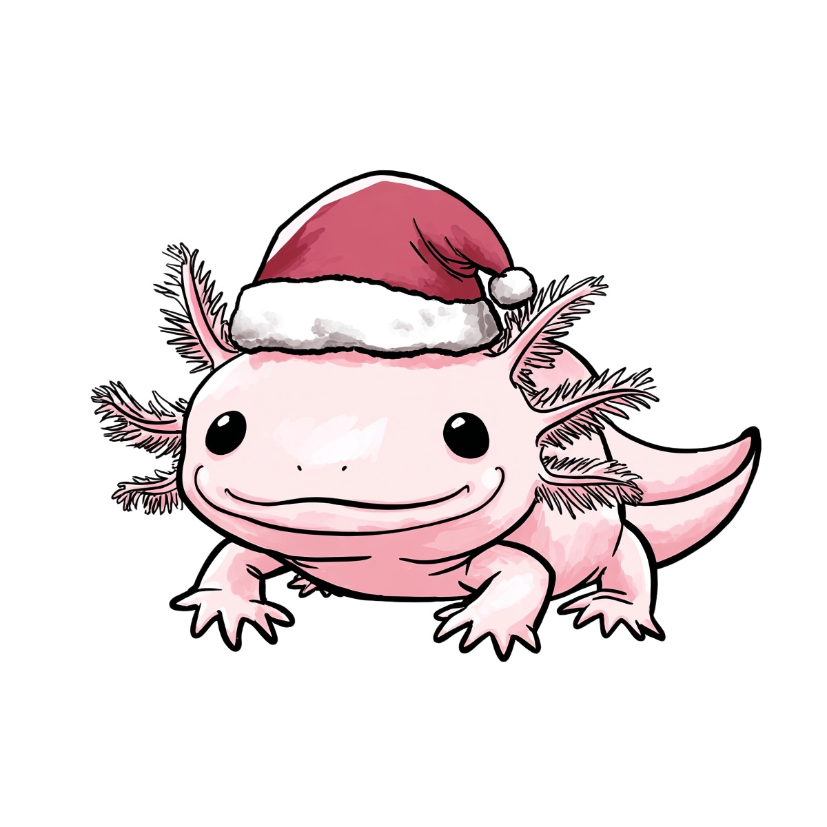 Pink axolotl wearing a Santa hat, illustrated on a dark background.