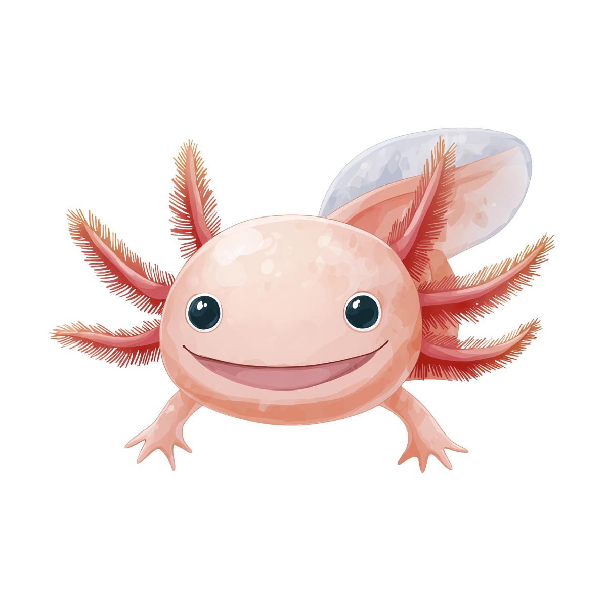 Smiling pink axolotl with frilly gills, cartoon design on transparent background.