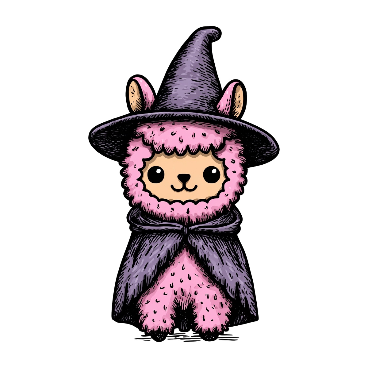 Pink llama wearing a witch hat and cape, cartoon style.