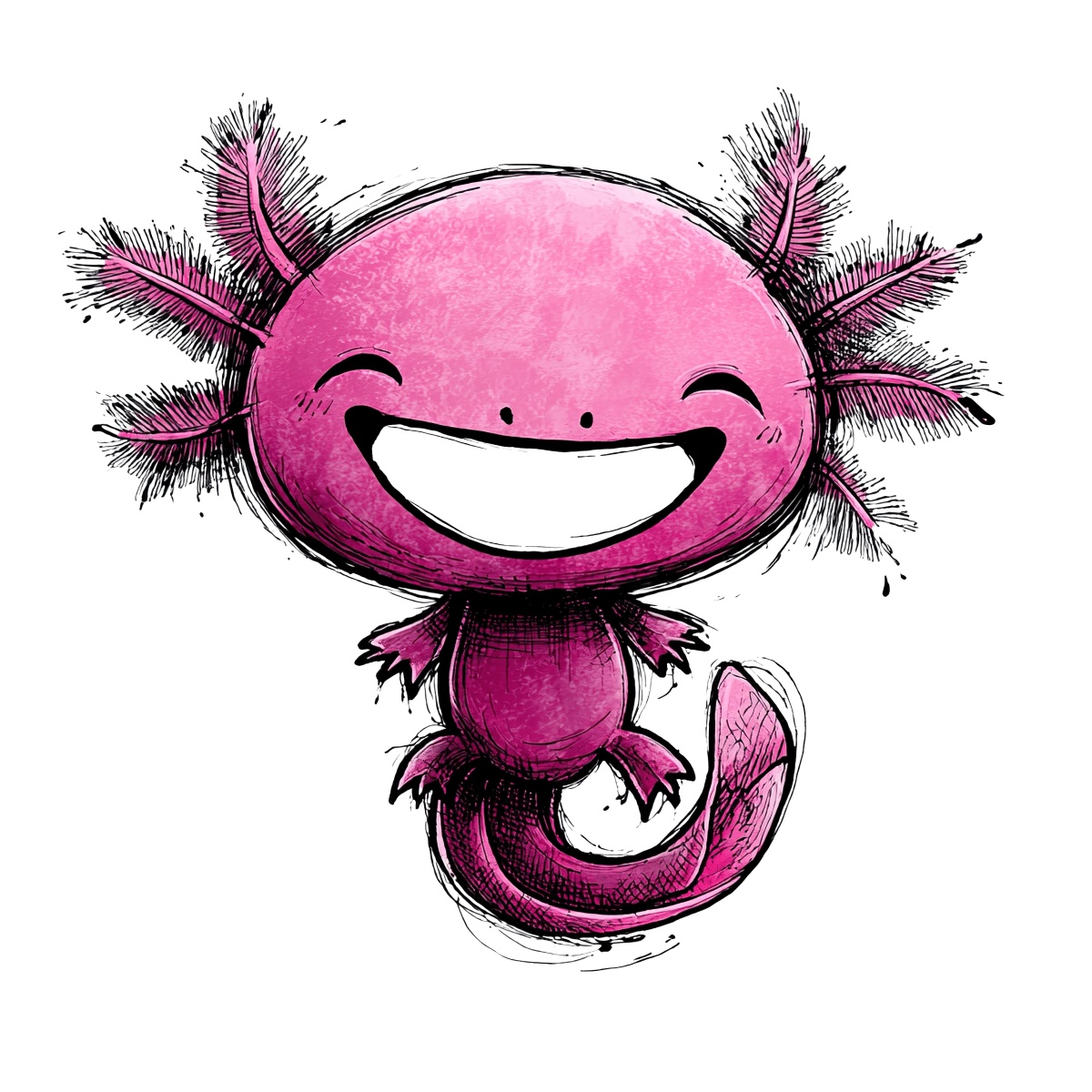 Smiling pink axolotl sketch in artistic style, with detailed shading.