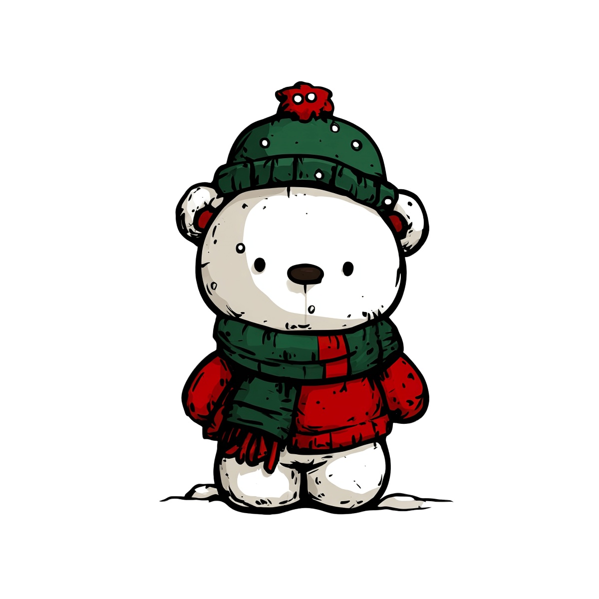 Cartoon polar bear in winter clothes with green hat and scarf.