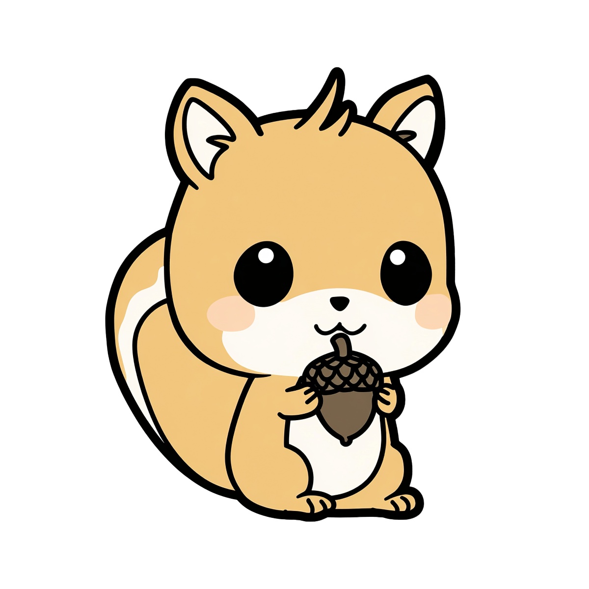 Cartoon squirrel holding an acorn, tan fur, white patches, large eyes.