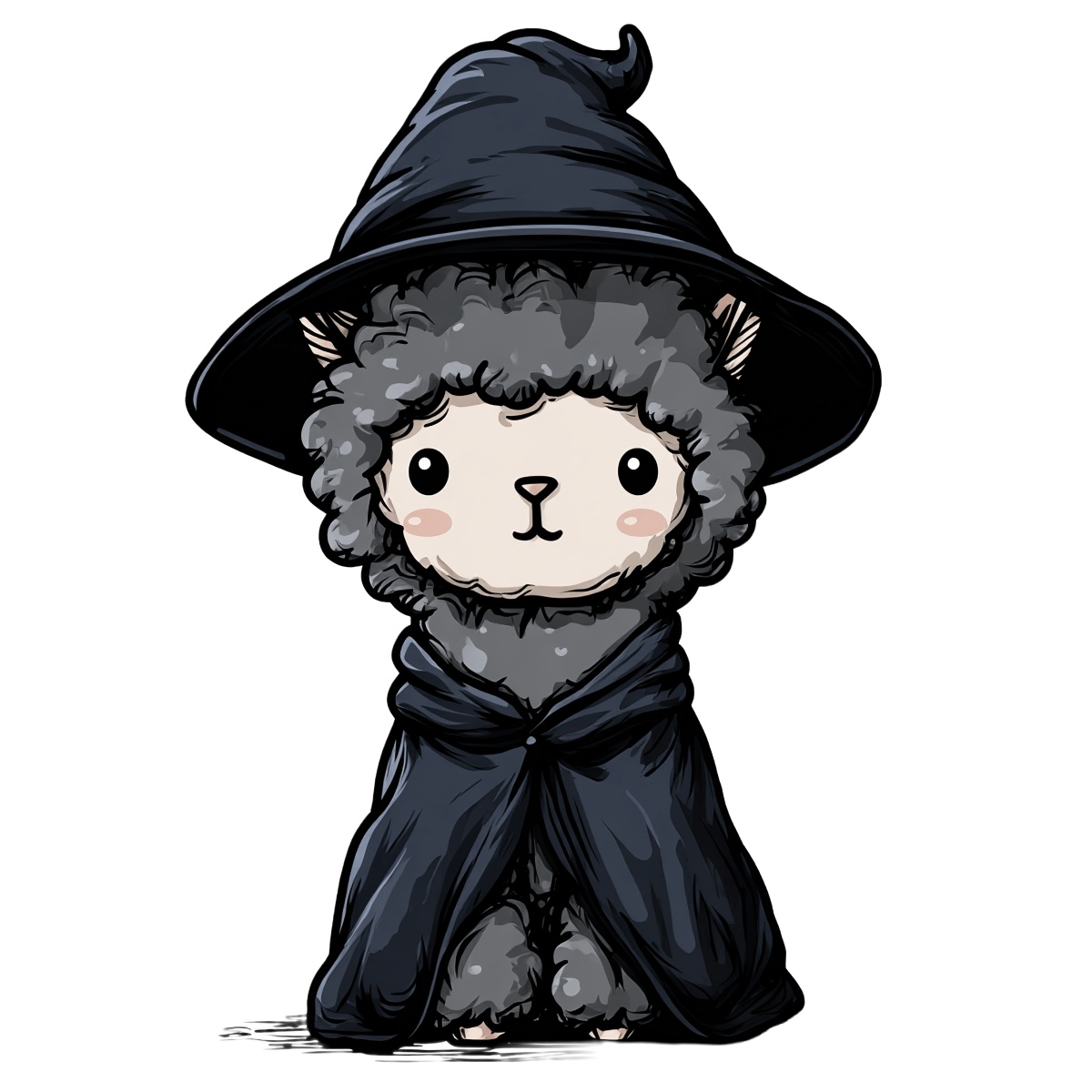 Fluffy alpaca dressed as a wizard with a black hat and robe.
