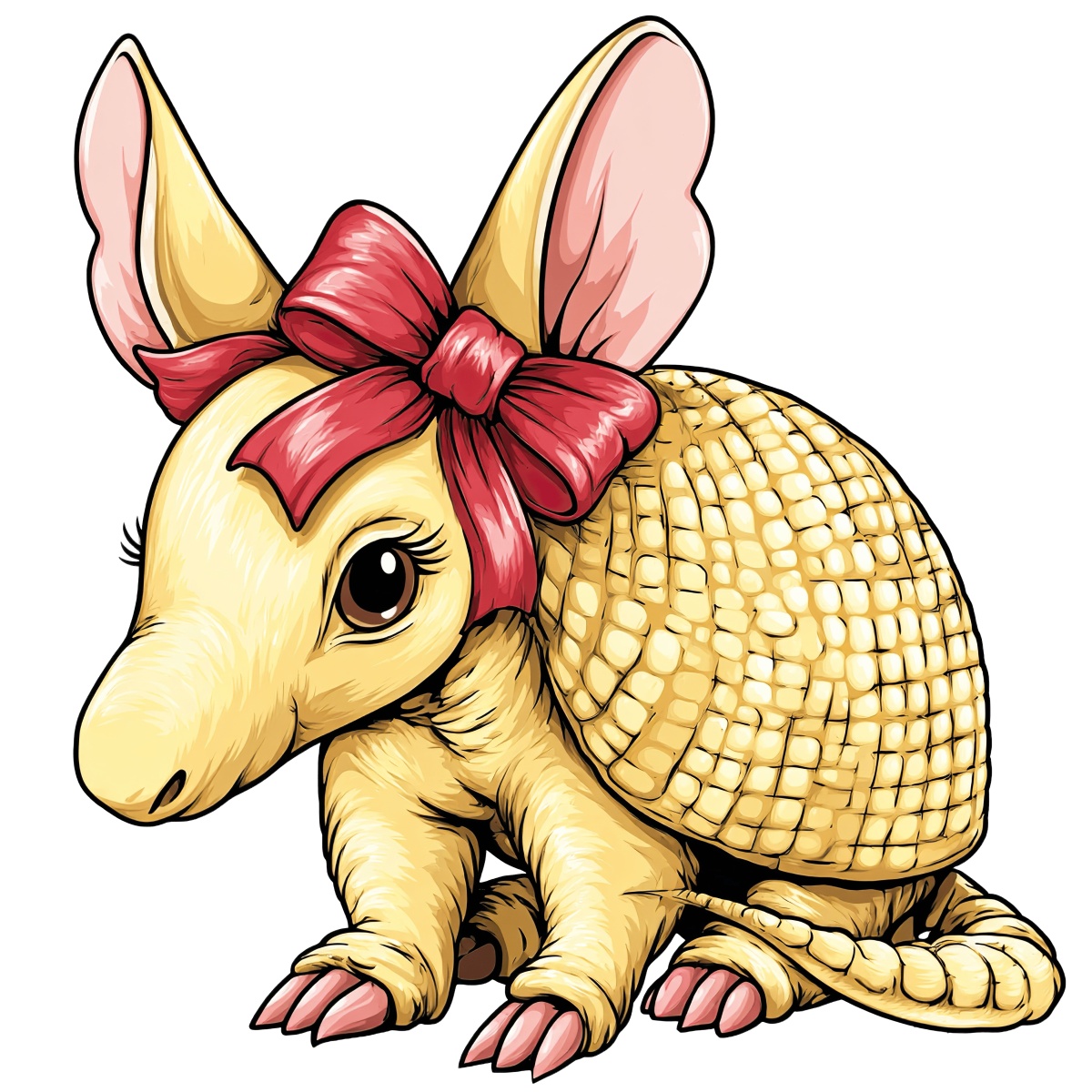 Adorable yellow armadillo with a red bow, cartoon style.