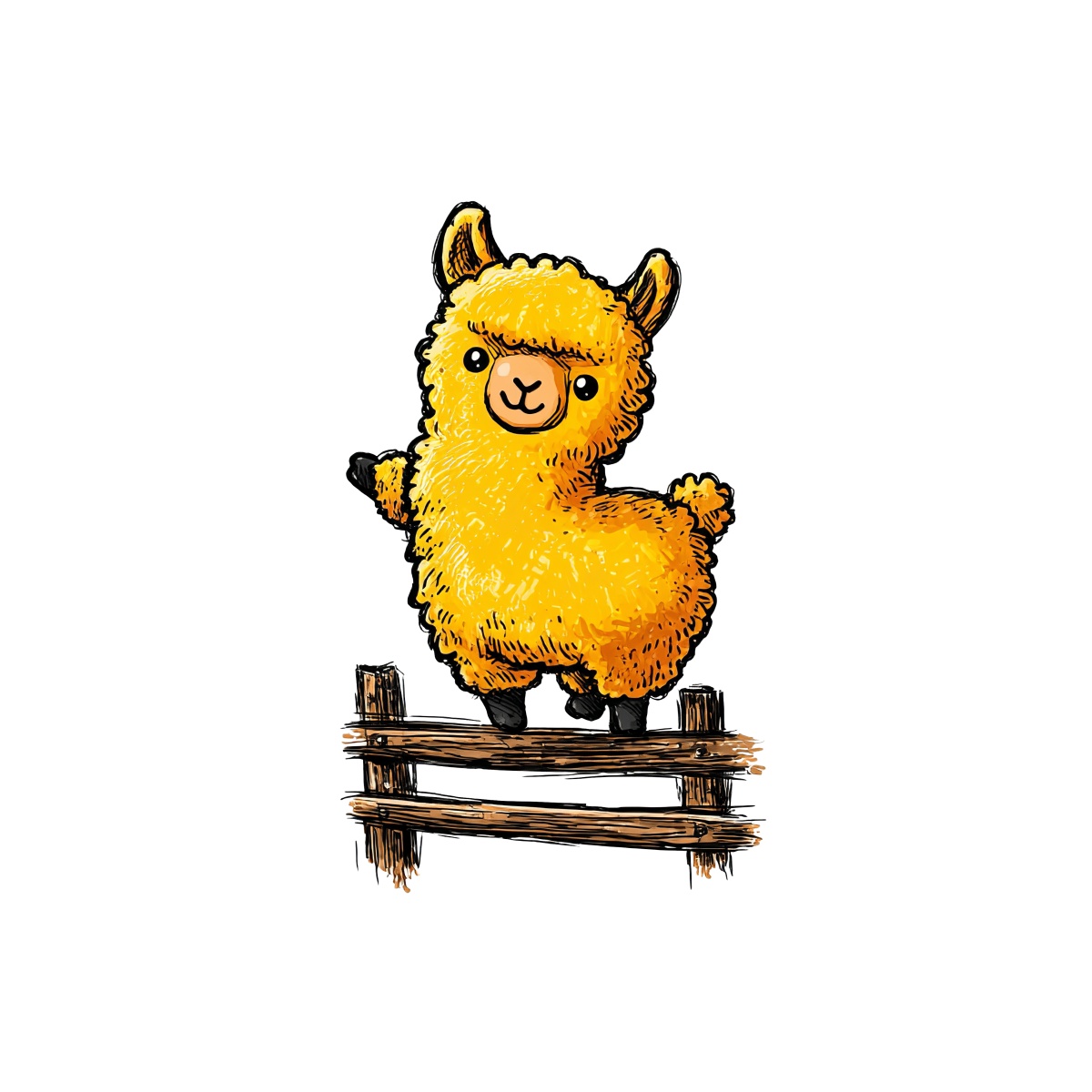 Cute yellow llama jumps over a wooden fence in playful style.