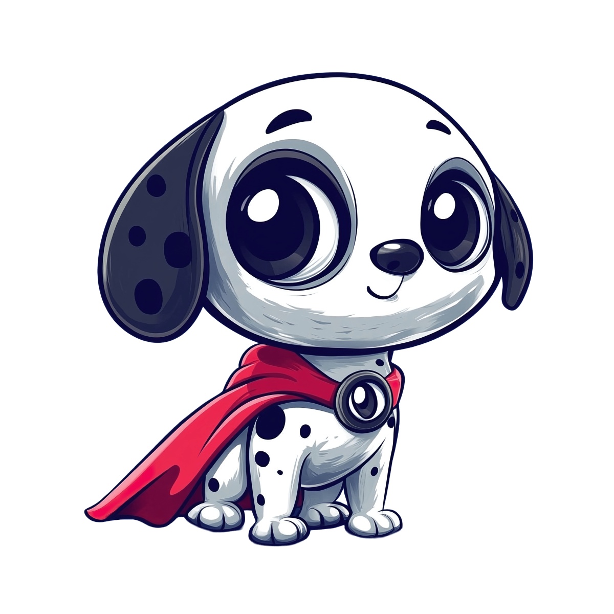 Dalmatian puppy with a red superhero cape and large expressive eyes.