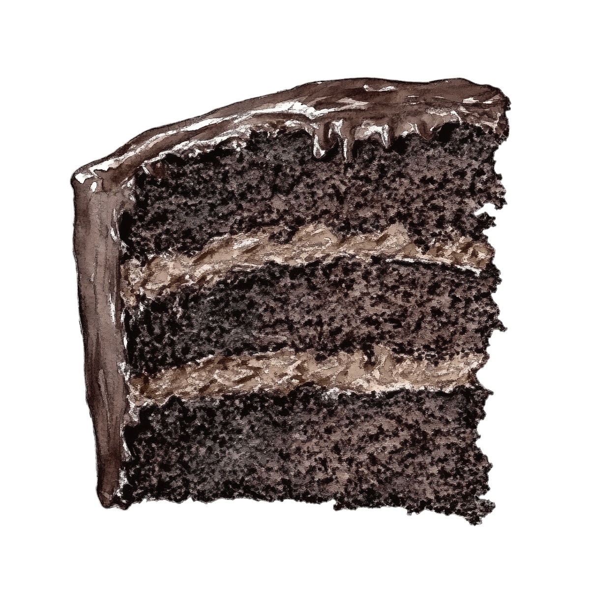 Chocolate cake slice with layered filling and dark chocolate topping.