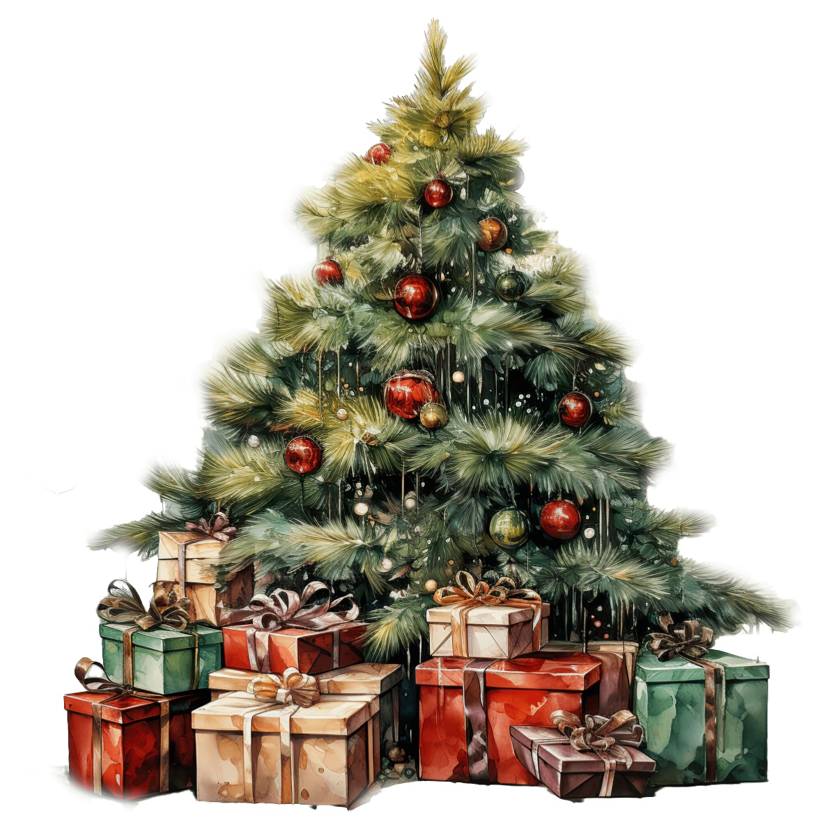 Holiday-themed Christmas tree decorated with baubles and surrounded by presents.