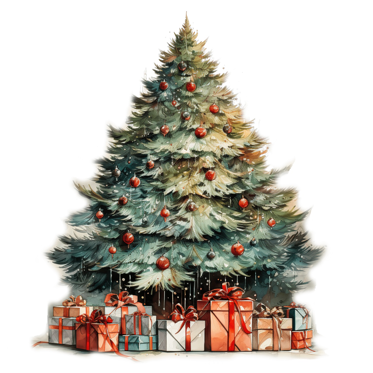 Christmas tree decorated with red ornaments and gifts underneath.