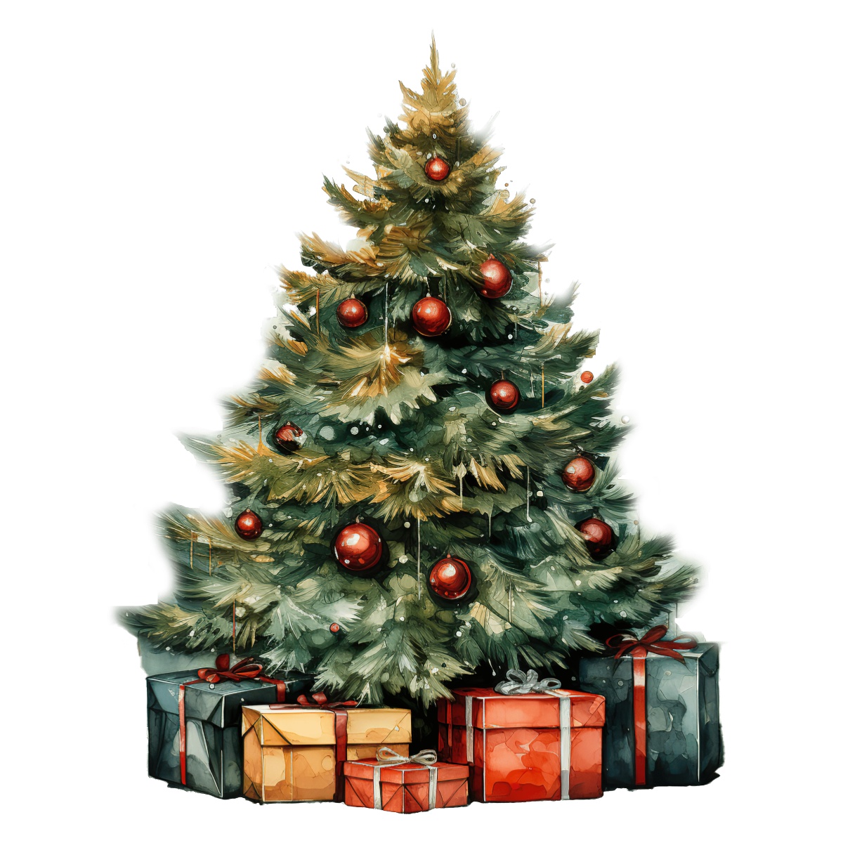 Green Christmas tree with red baubles and presents underneath.