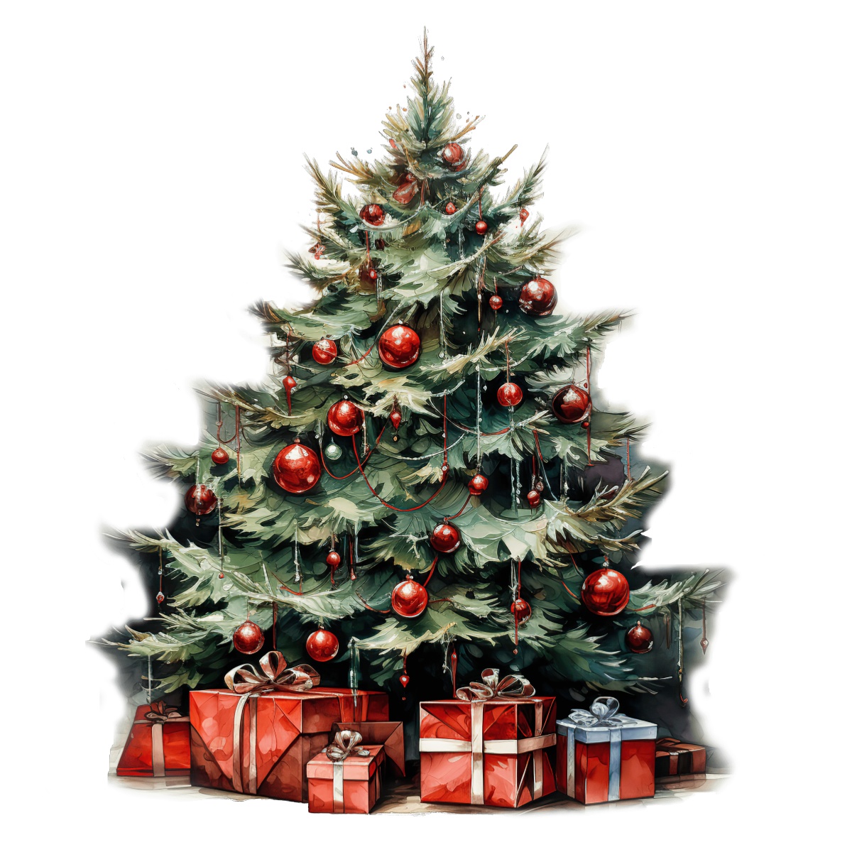 Christmas tree with red baubles and gifts underneath in a festive setting.