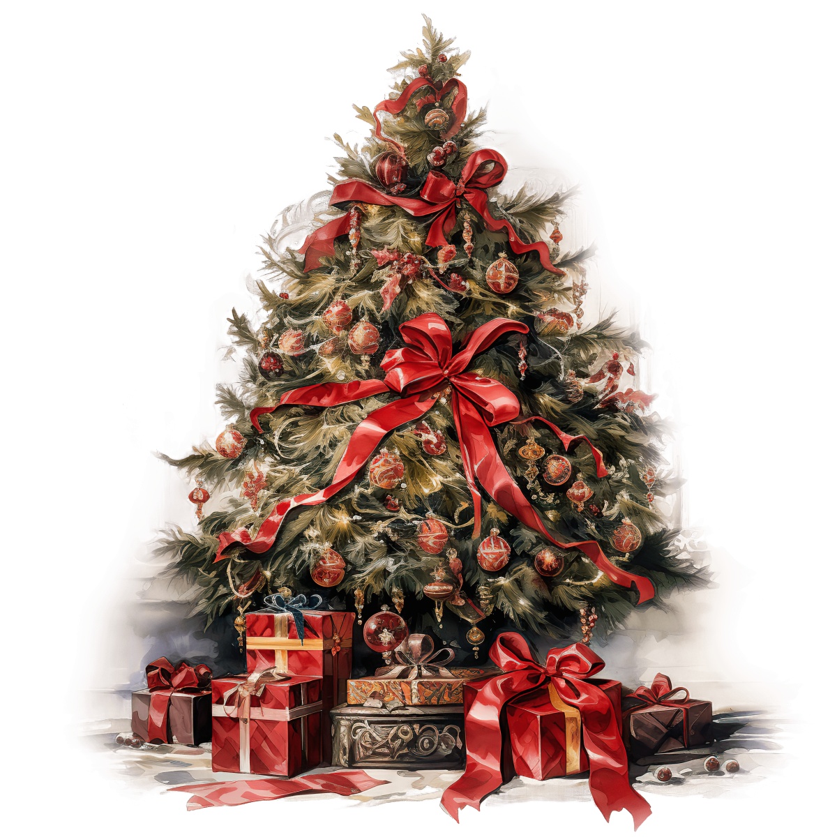 Christmas tree decorated with red ribbons and baubles, surrounded by presents.