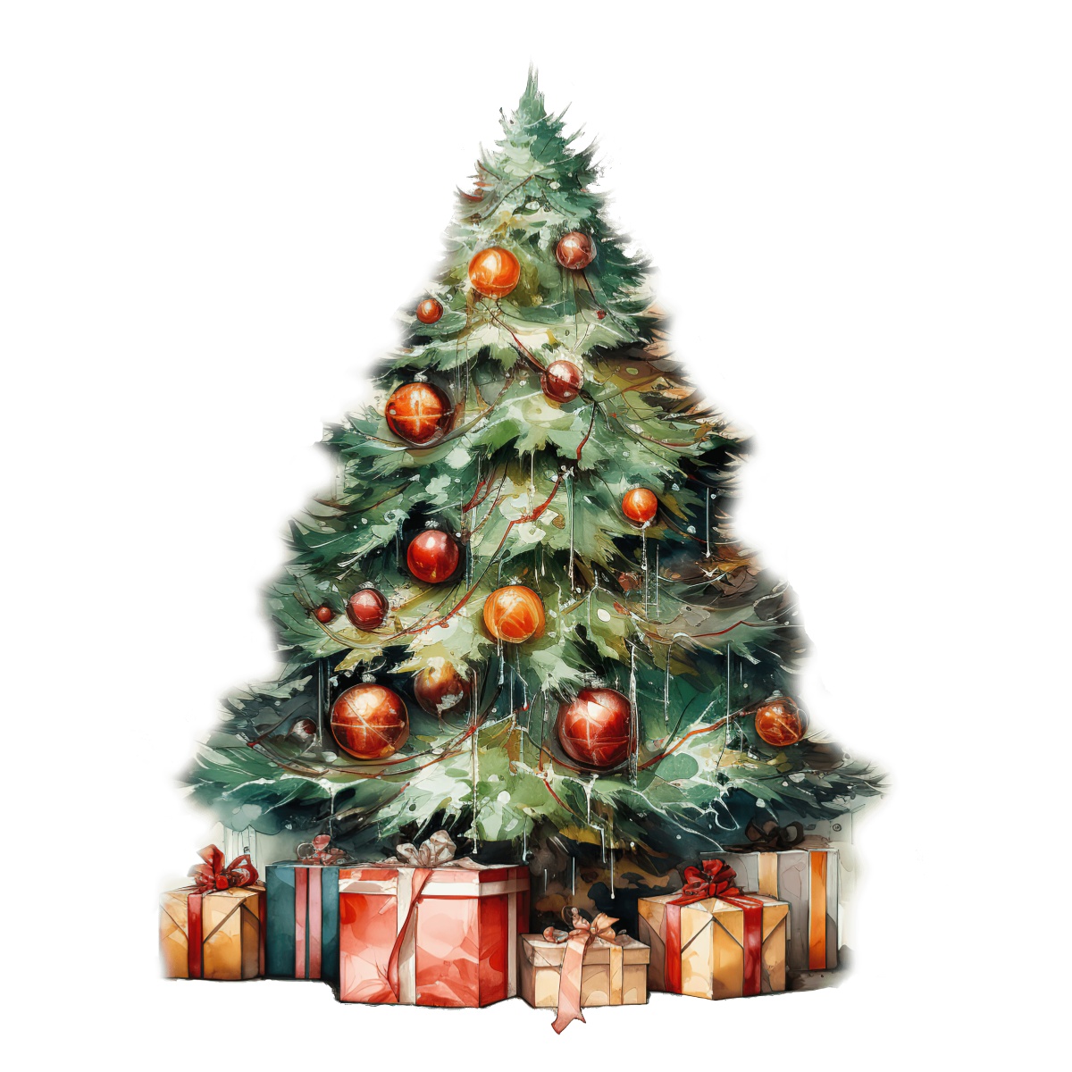 Christmas tree with red ornaments and gifts at the base.