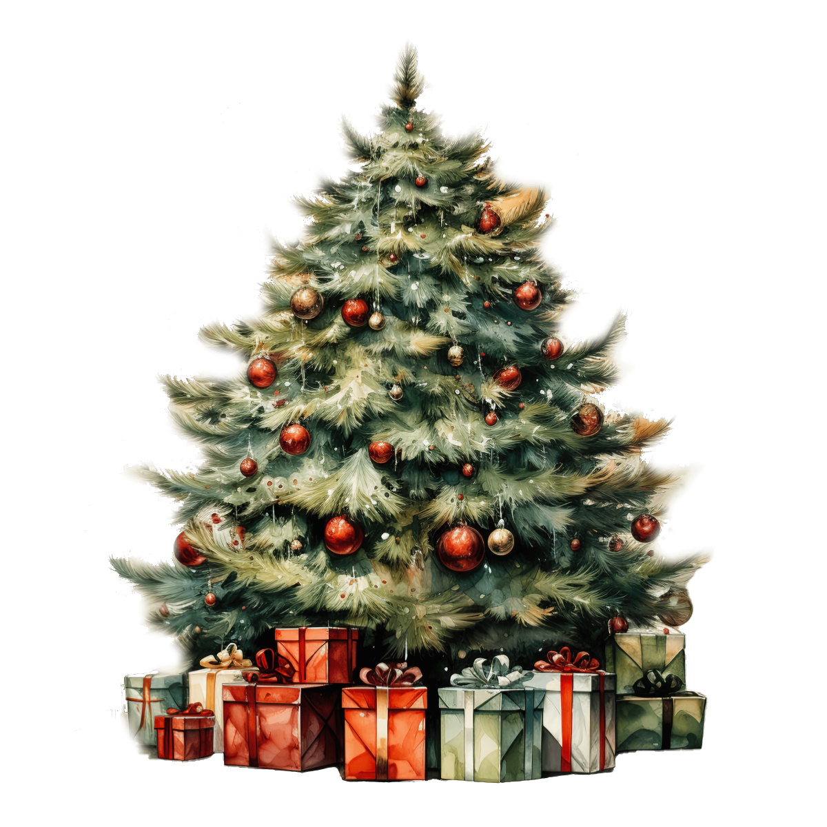 Christmas tree with red ornaments and colorful presents beneath it.