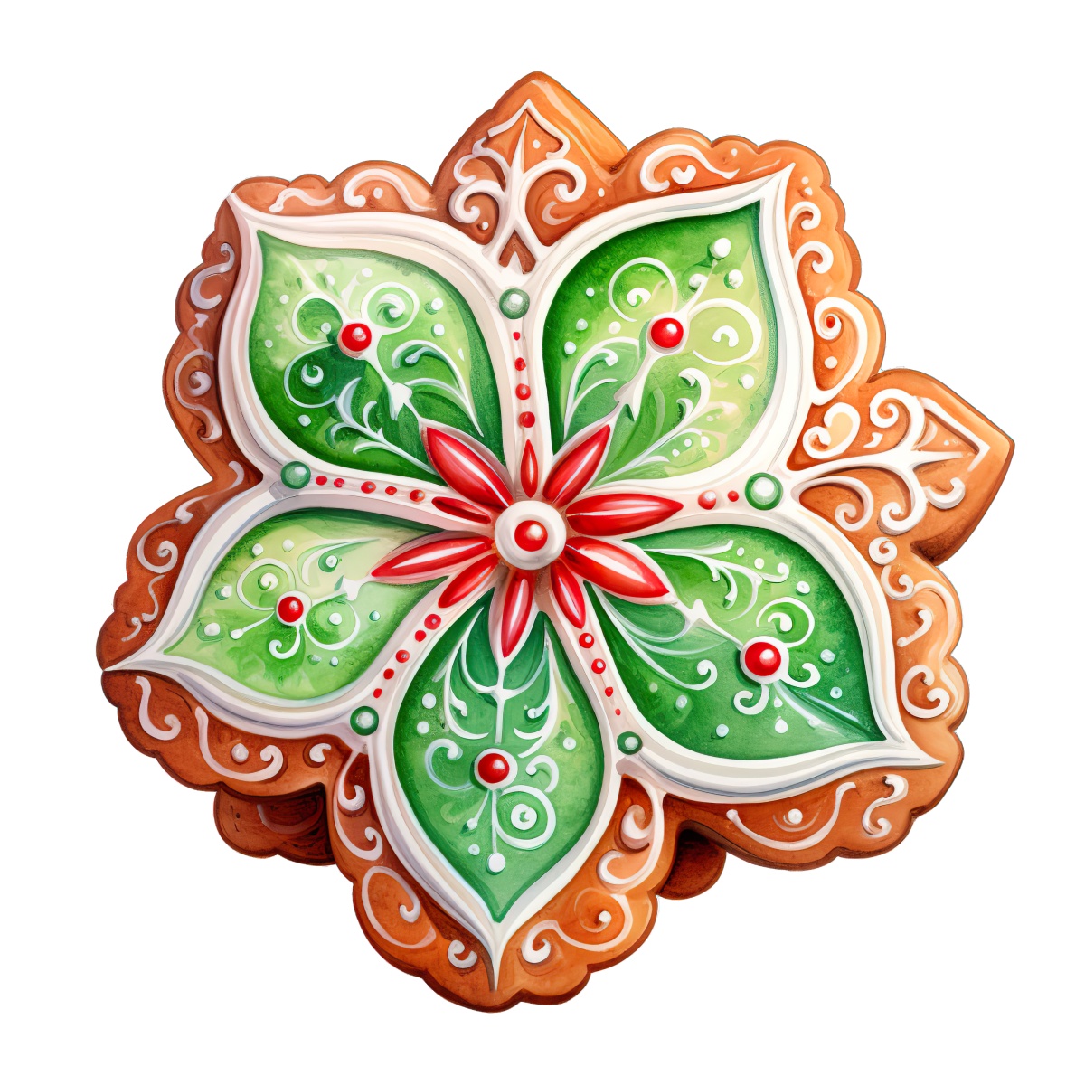 Christmas gingerbread cookie with decorative green and red icing design.