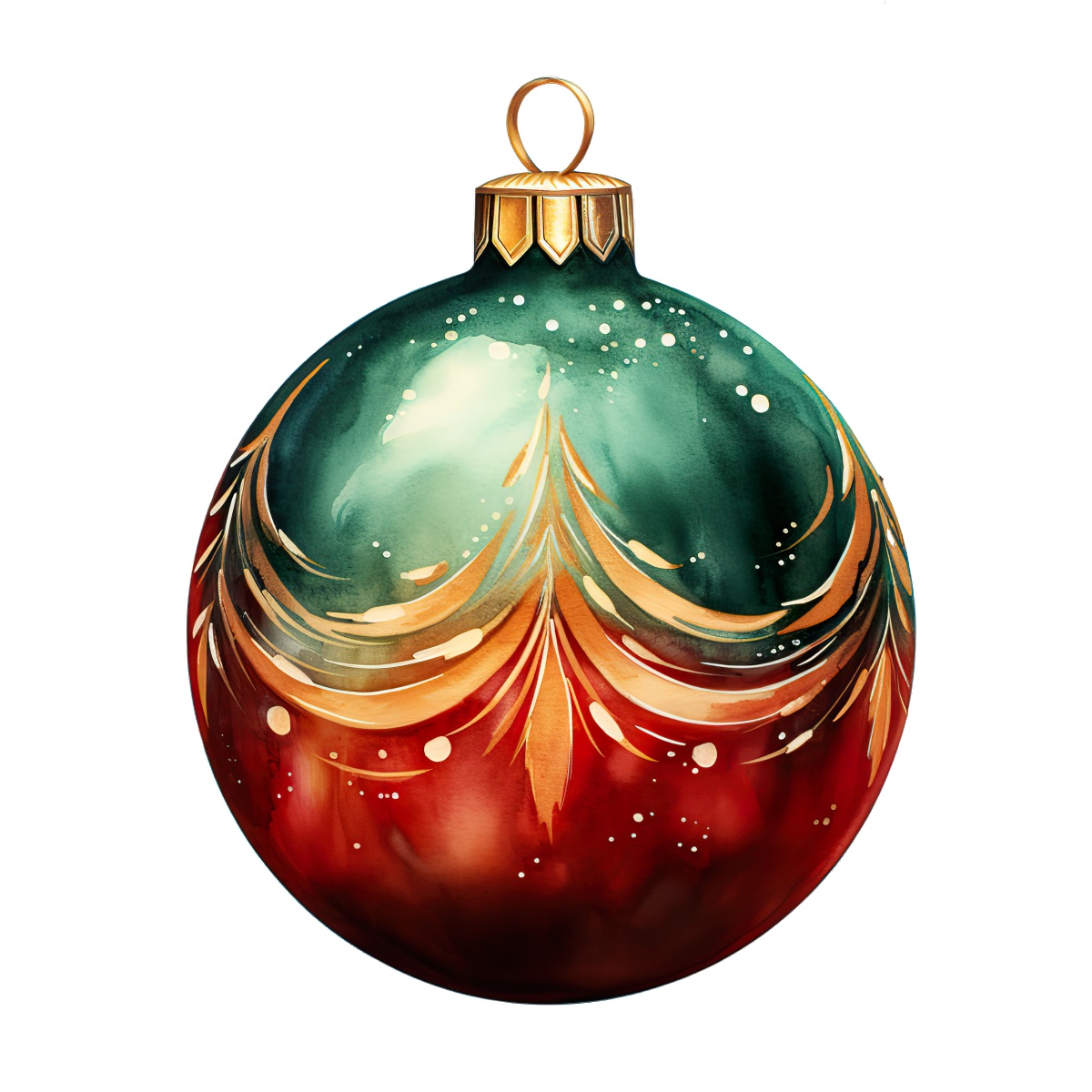 Christmas ornament with gold and green decorative pattern on a red surface.