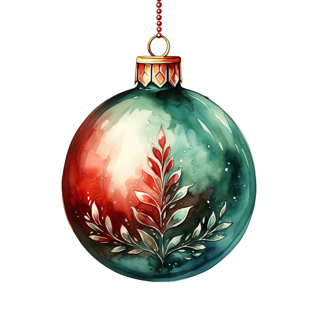 Christmas ornament featuring red and green leaf pattern hanging from a chain.