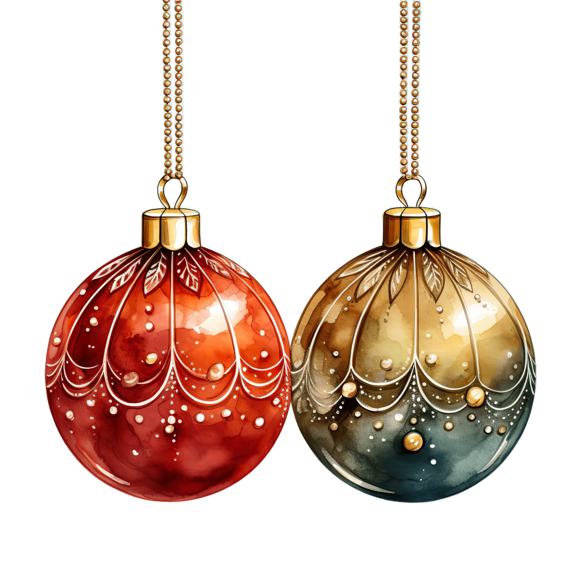 Two decorative Christmas ornaments in gold and red with intricate patterns.