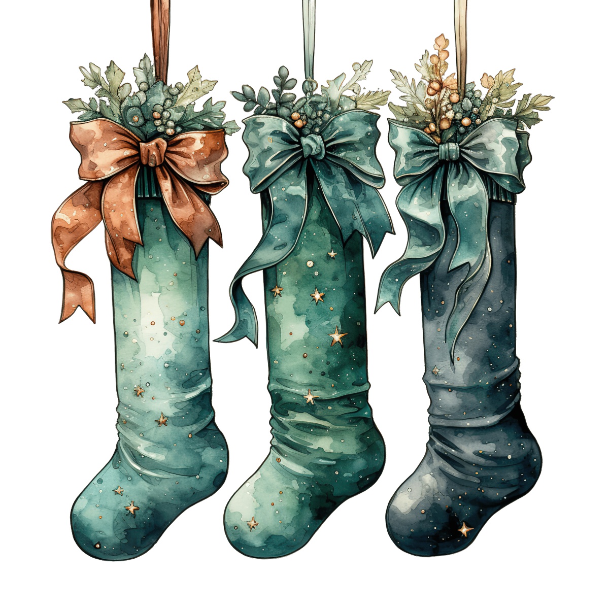 Three decorative Christmas stockings with bows and greenery accents.