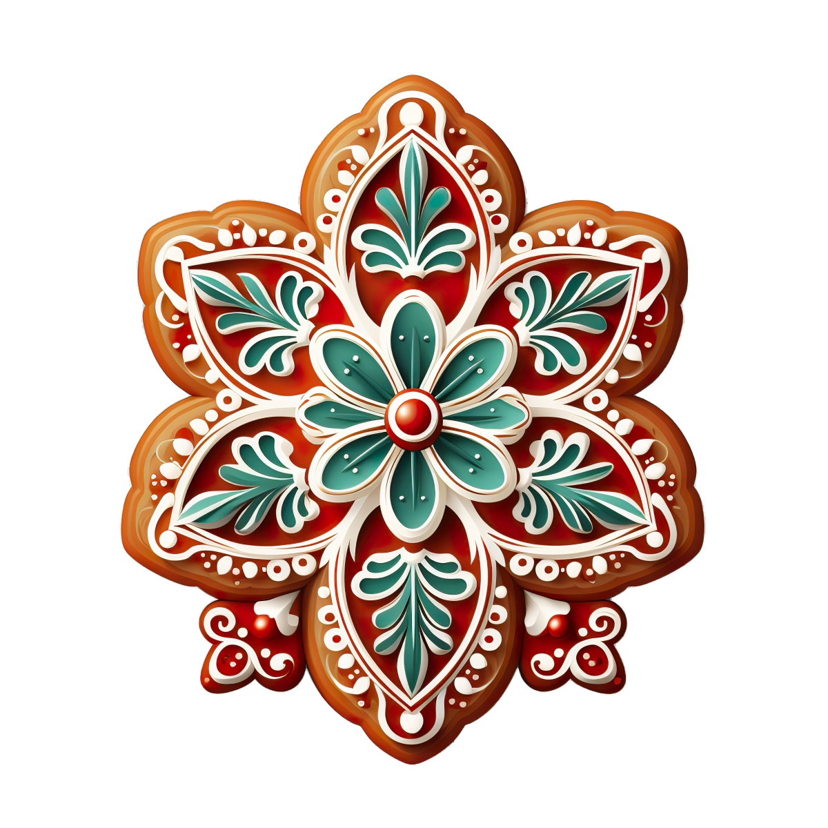 Detailed gingerbread cookie decorated with festive holiday patterns.