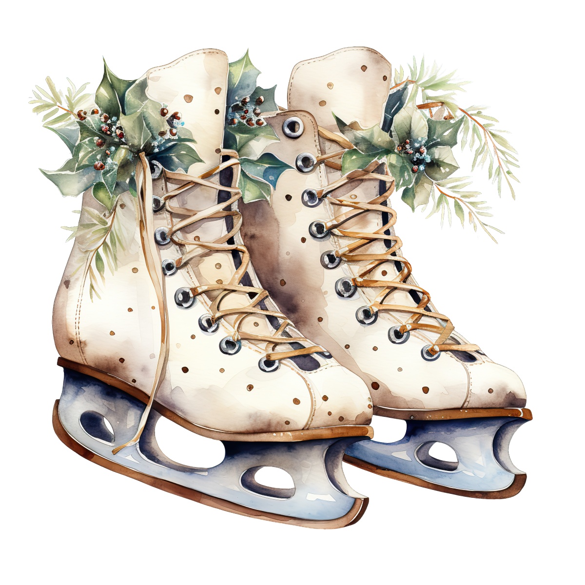 Pair of decorative ice skates with holly and greenery for holiday decoration.
