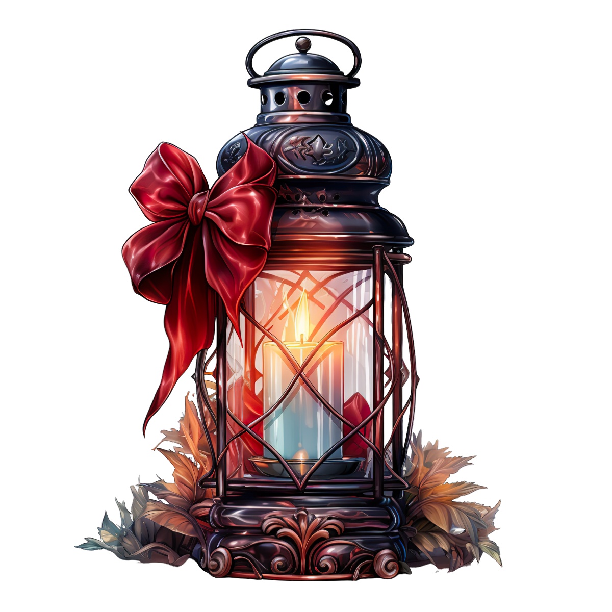 Decorative lantern with candle and red bow, encircled by autumn leaves.