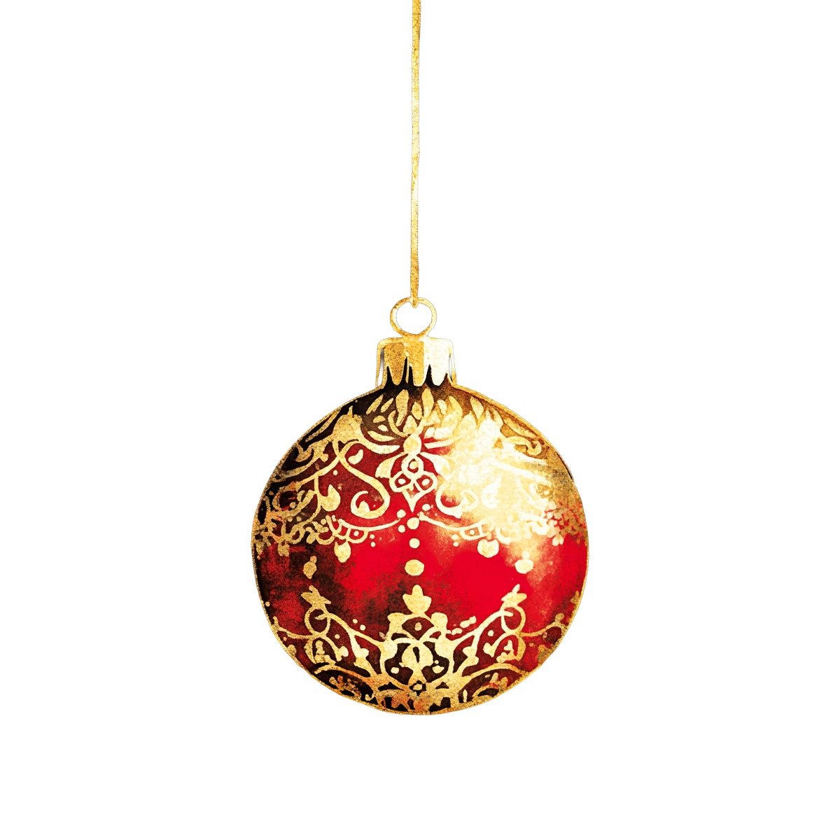 Red and gold Christmas ornament with intricate patterns on a black background.