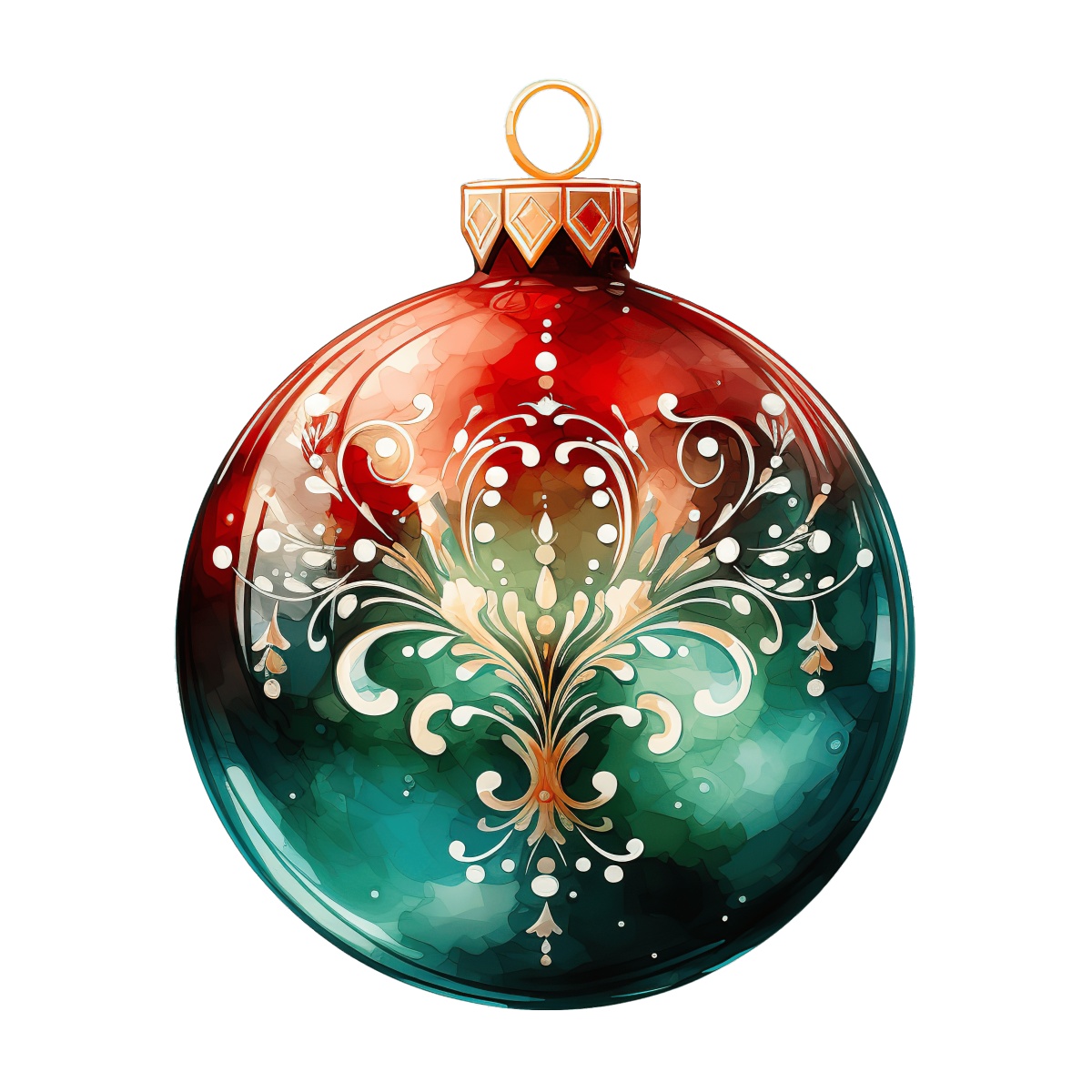 Red and green Christmas ornament with intricate decorative patterns.