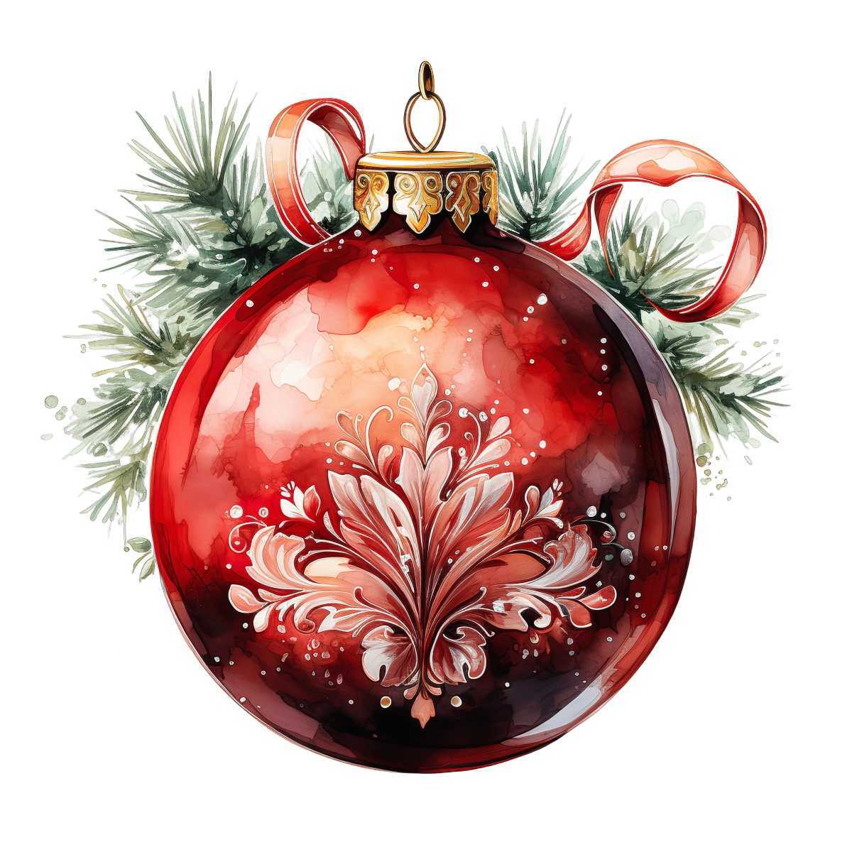 Red Christmas ornament with elaborate design and pine branches around it.