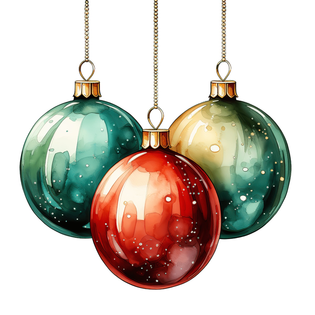 Decorative red, green, and gold baubles with chains and shiny surfaces.